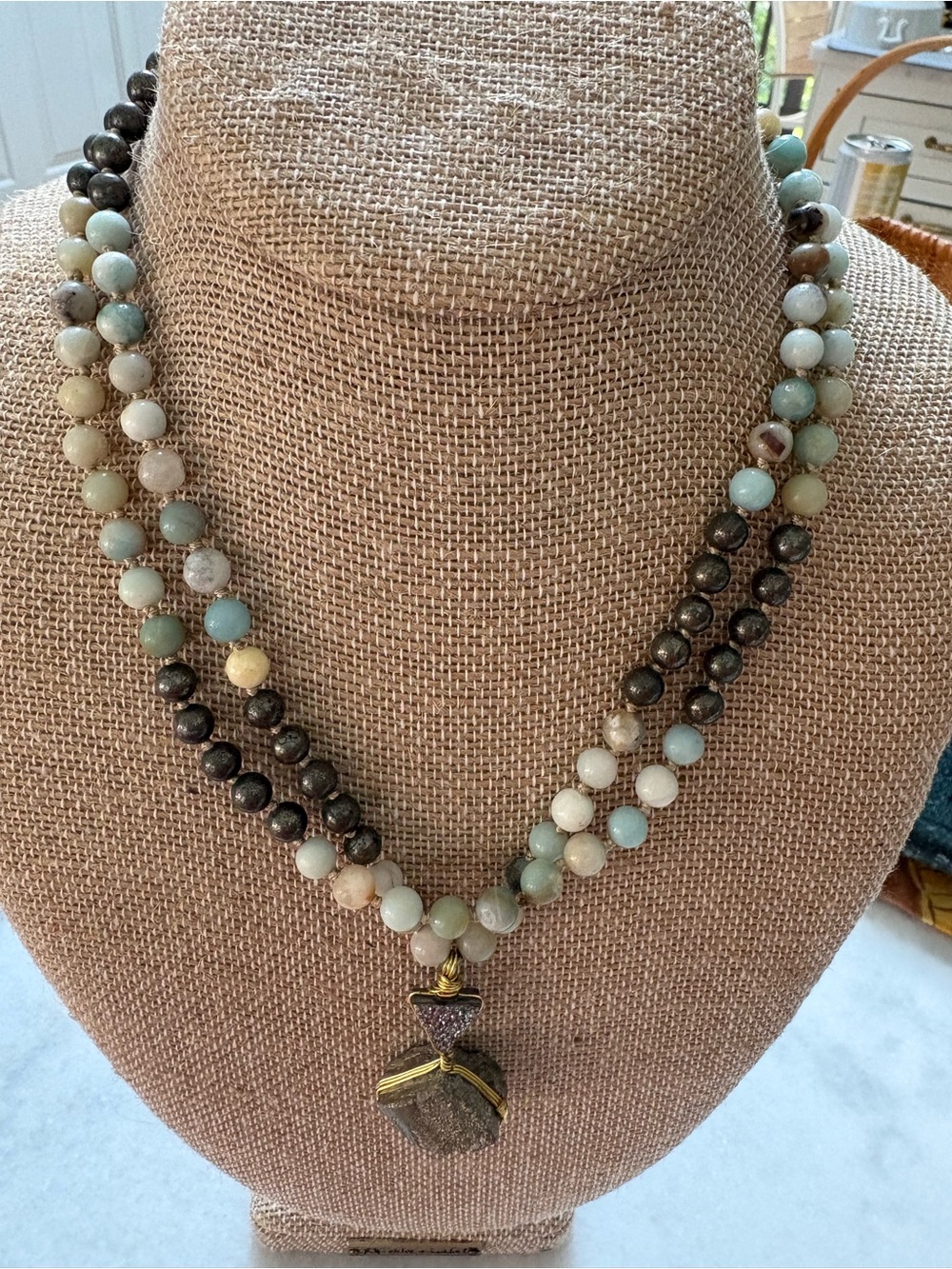 28” Amazonite and Jasper Beaded Necklace Pendant with Gold Tone Accentd